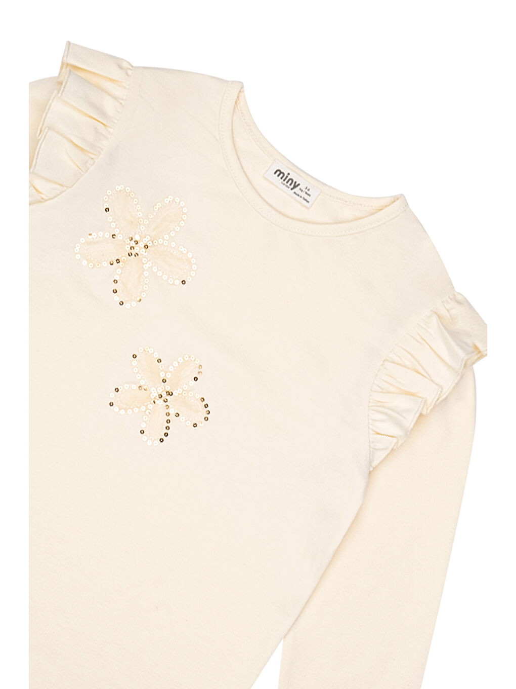 Ekru Çiçek Nakışlı Omuz Fırfırlı Uzun Kollu Tshirt-3