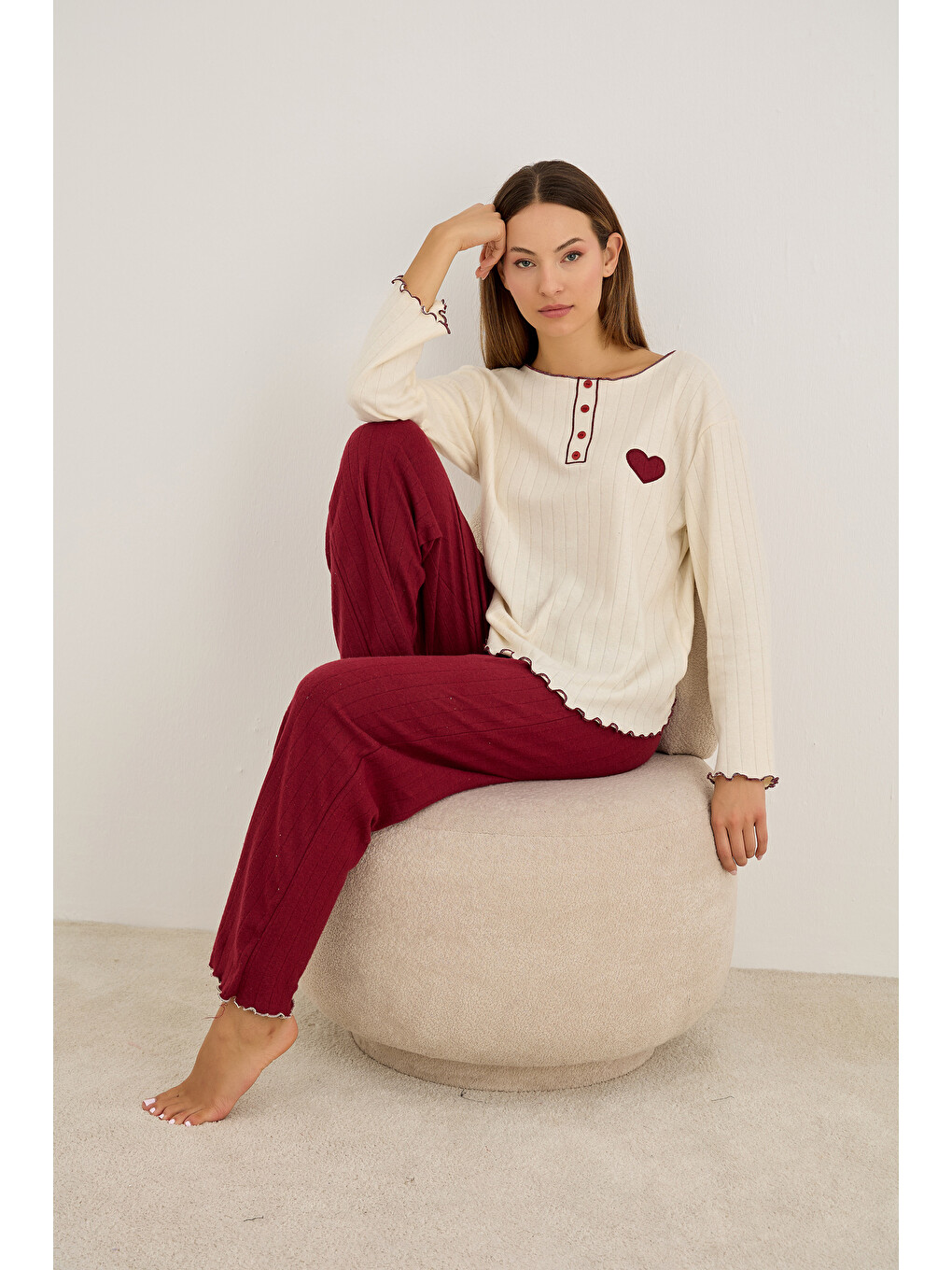 Bordo Kalp Nakışlı Örme İnterlok Pijama Takım25226009-2