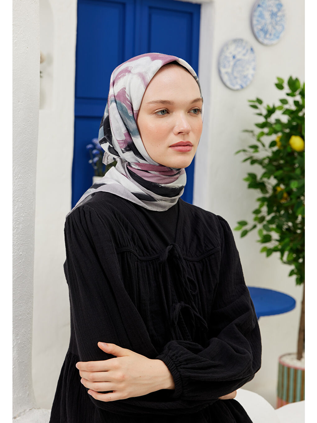 Lila Colour Waves Desen Pamuk Vual Eşarp Lavanta