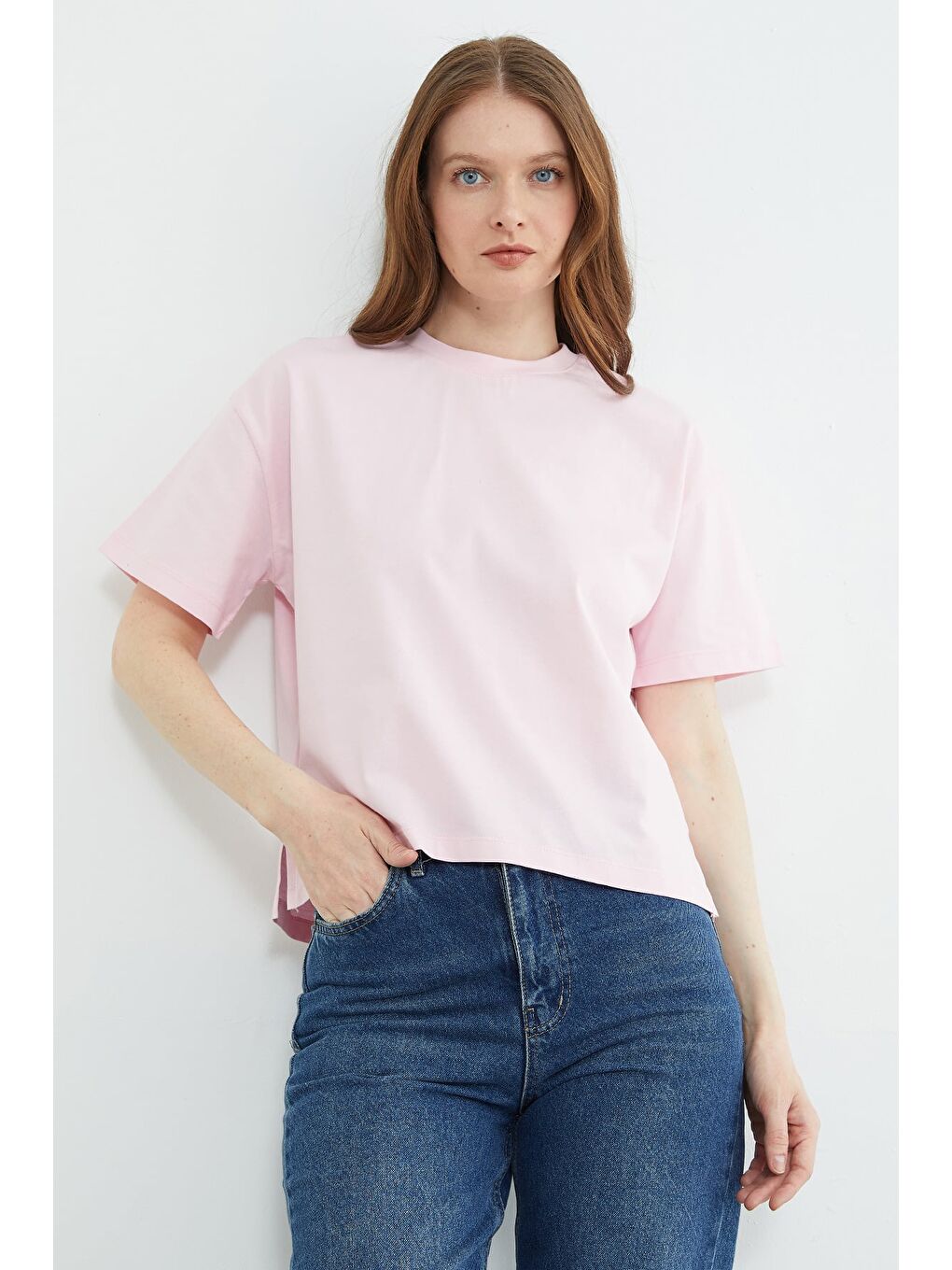 Pembe Basic Bisiklet Yaka Crop Tişört