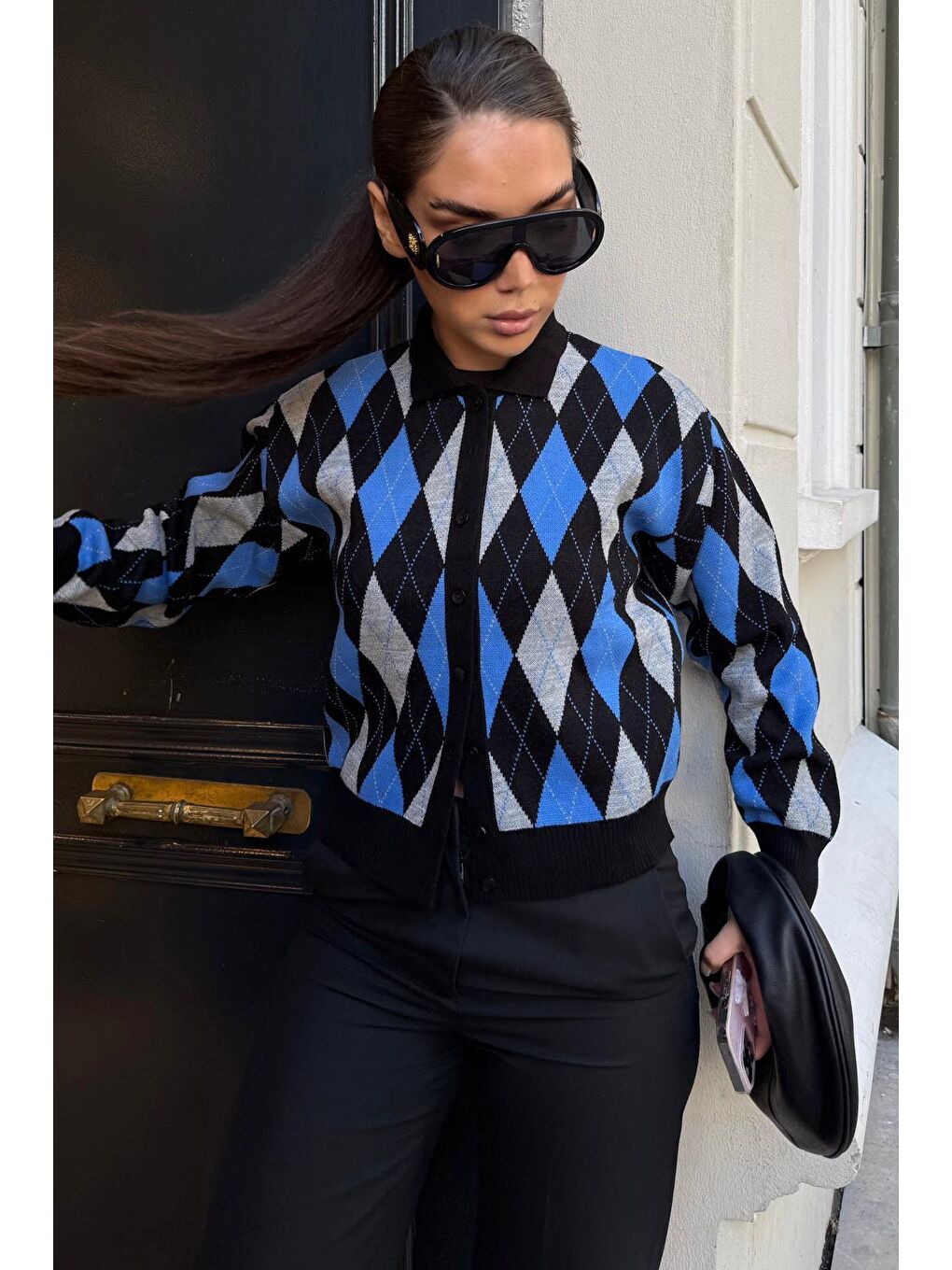 Siyah Baklava Desenli Polo Yaka Kadın Hırka Mg2478-5