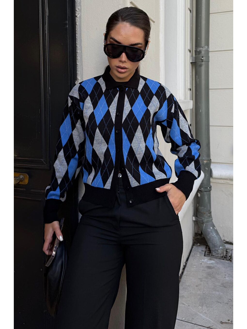 Siyah Baklava Desenli Polo Yaka Kadın Hırka Mg2478-6