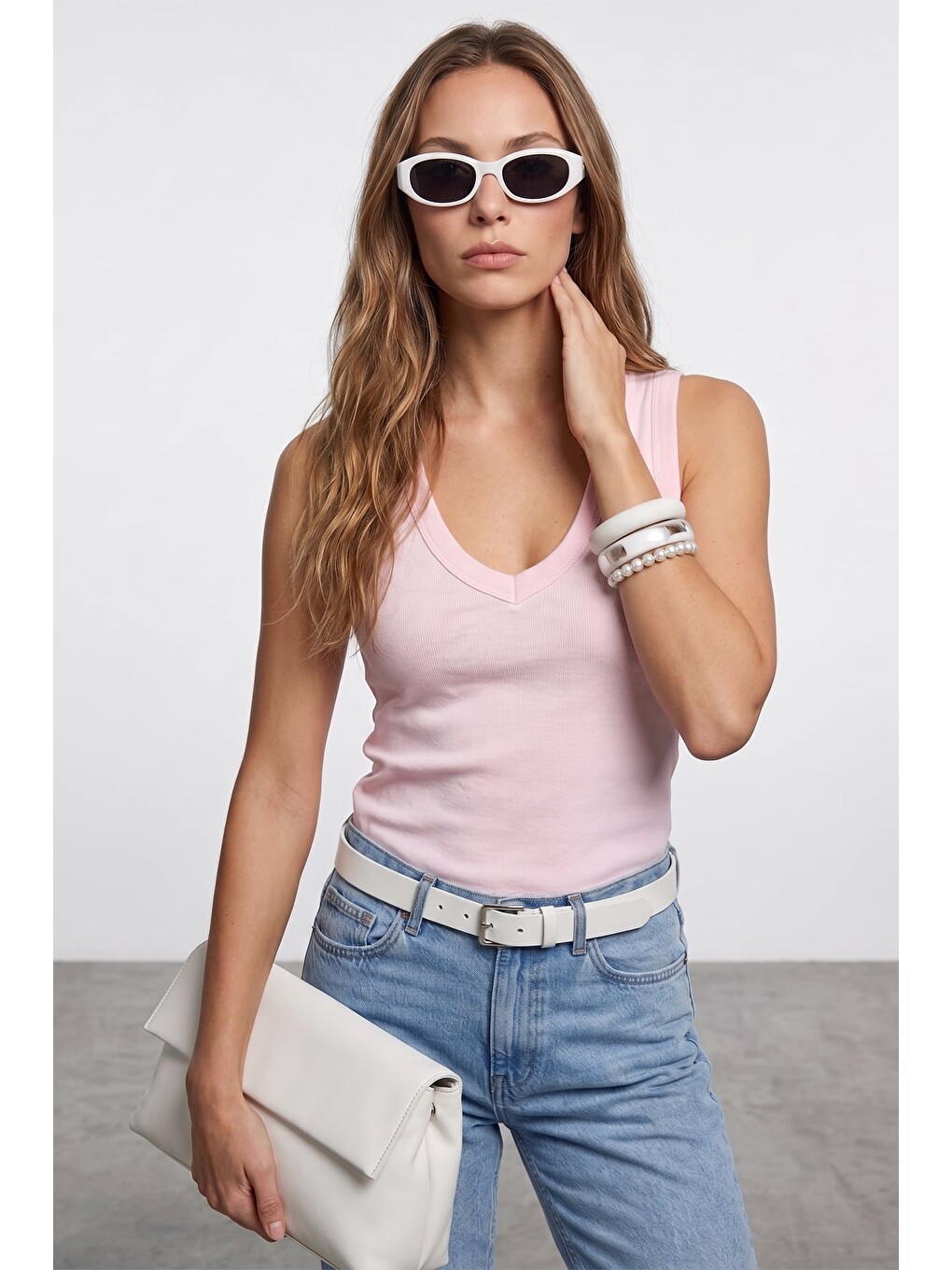 Pembe Basic Ribanalı V Yaka Bluz