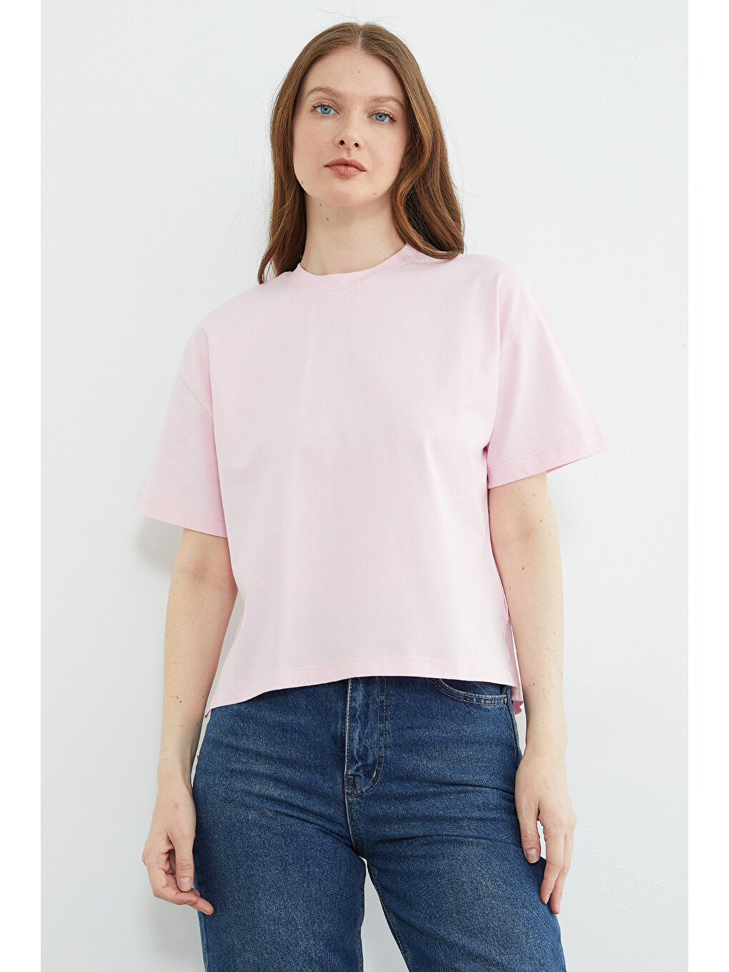 Pembe Basic Bisiklet Yaka Crop Tişört-1