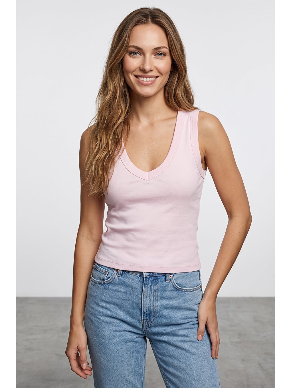 Pembe Basic Ribanalı V Yaka Bluz-1