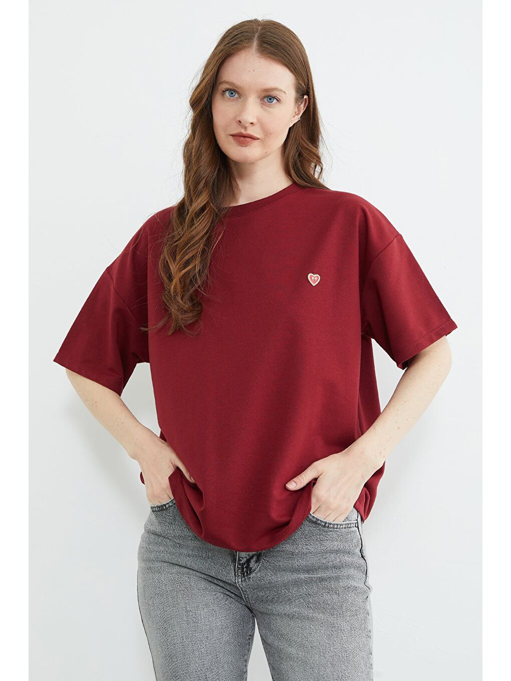 Bordo Kalp Aksesuarlı Bisiklet Yaka Salaş Tişört-2