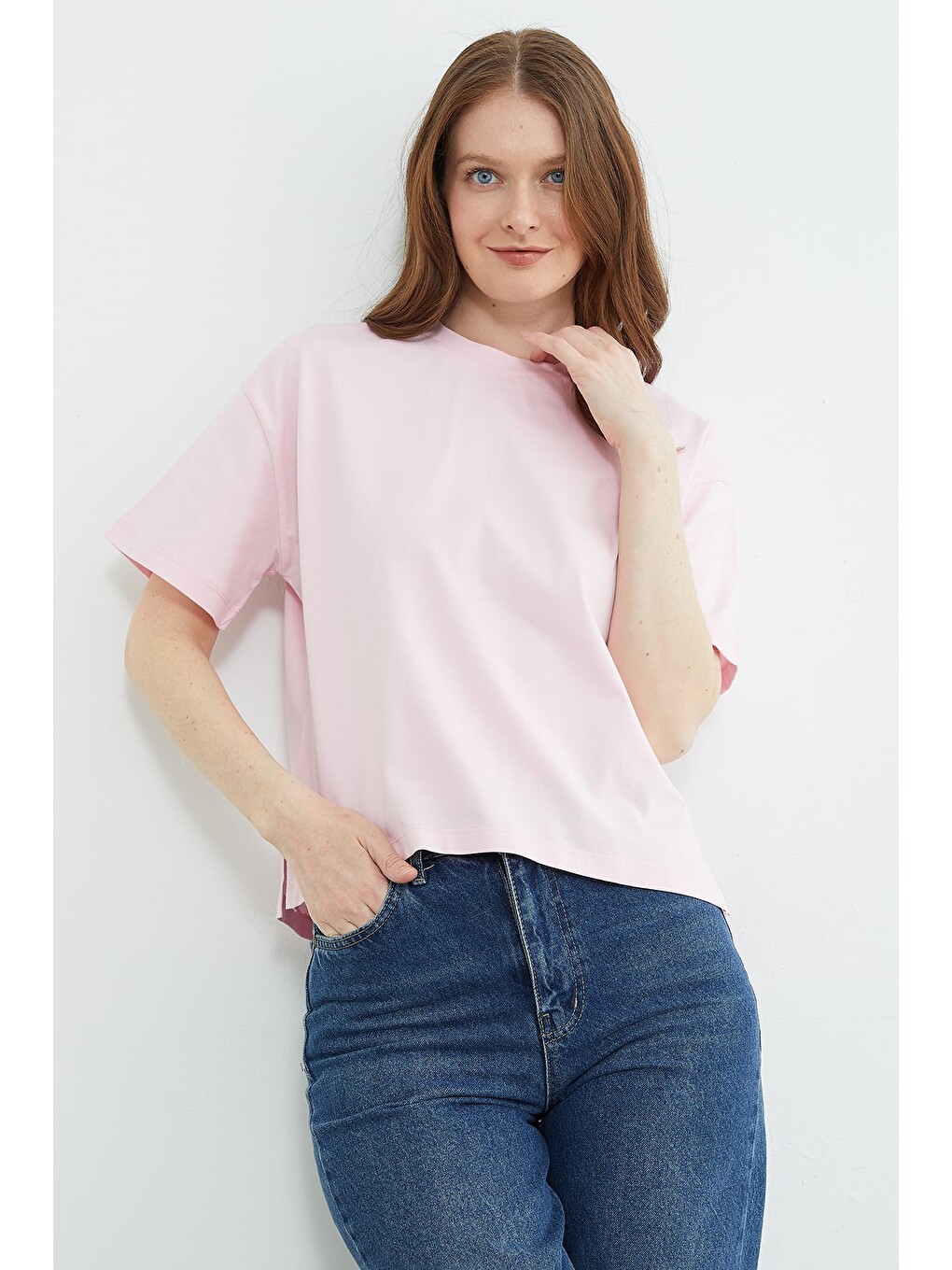 Pembe Basic Bisiklet Yaka Crop Tişört-2