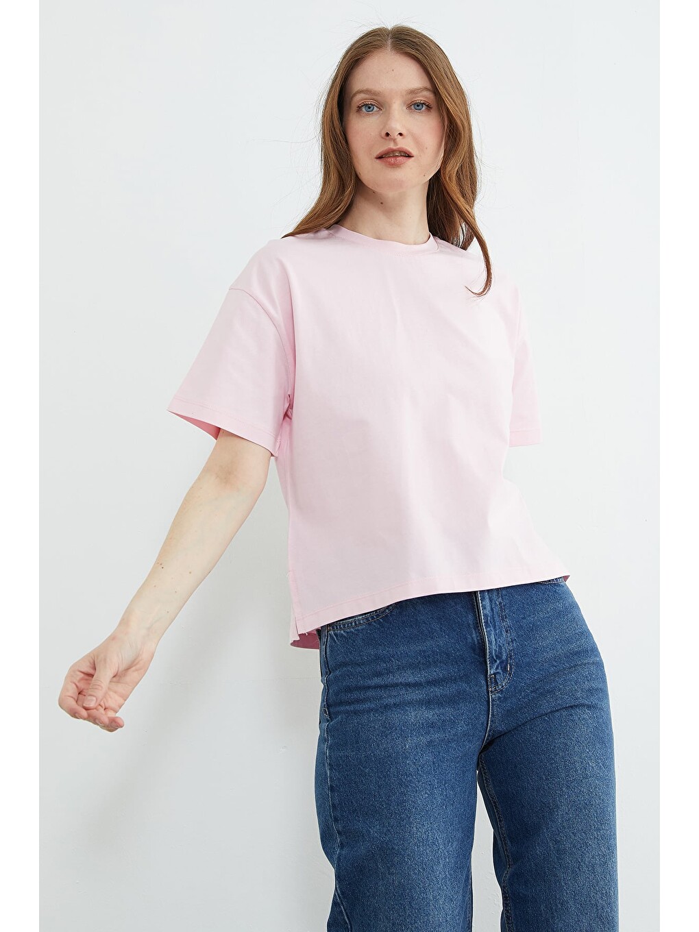 Pembe Basic Bisiklet Yaka Crop Tişört-3
