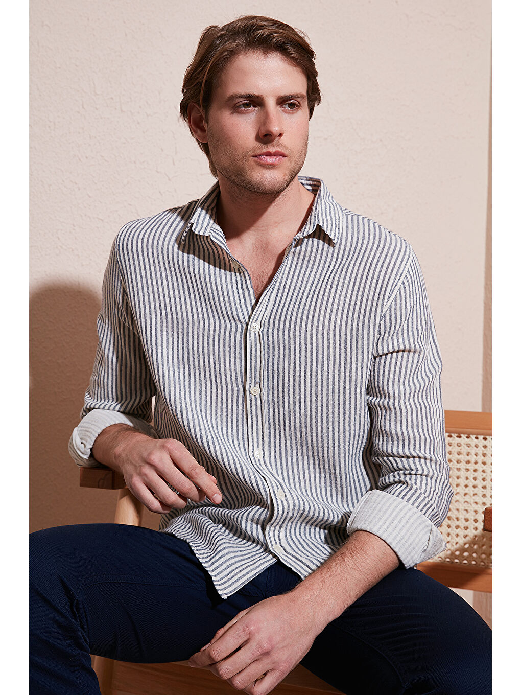 Lacivert Çizgili Regular Fit Pamuklu Uzun Kollu Erkek %100 Pamuk Gömlek CF25S129721-1