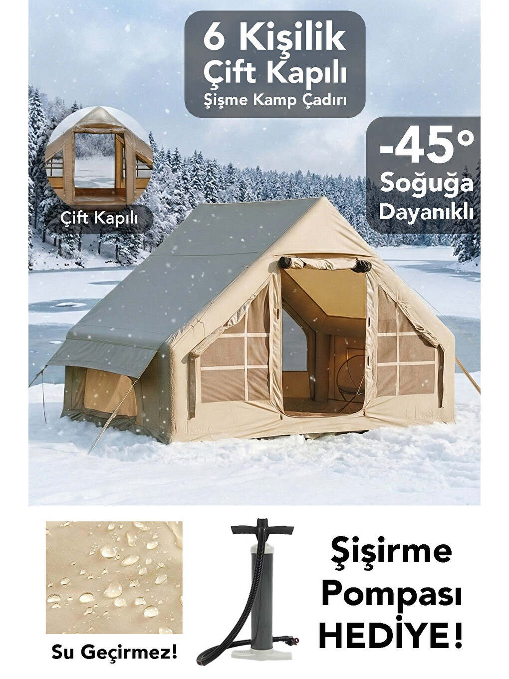 Bej Çift Kapılı 6 Kişilik Kamp Çadırı - 4 Mevsim Su Geçirmez Şişme Kamp Çadırı 300x210 cm