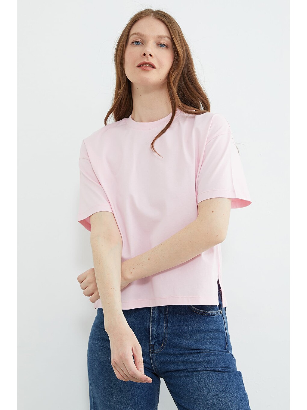Pembe Basic Bisiklet Yaka Crop Tişört-4