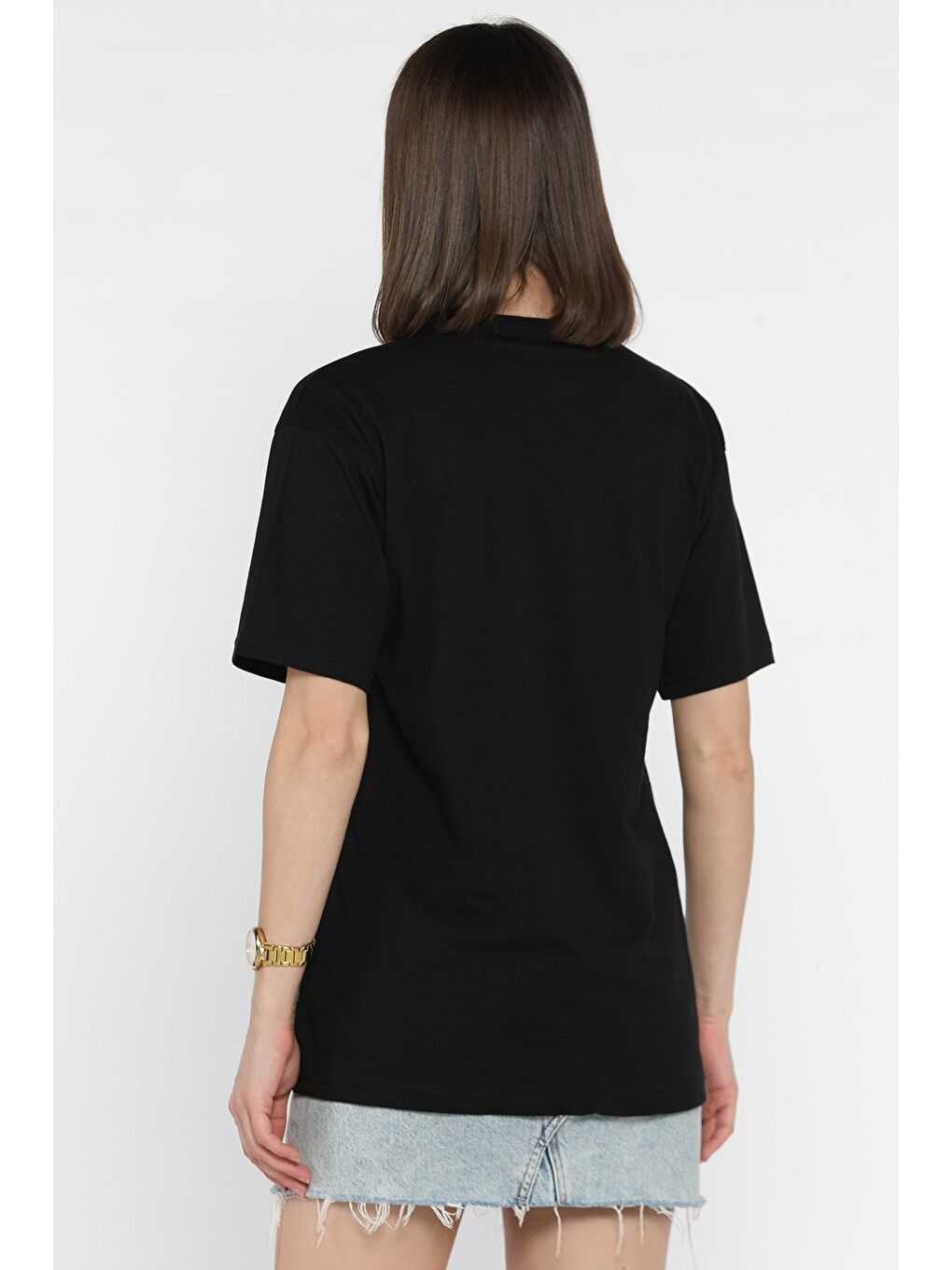 Siyah Kadın Bisiklet Yaka Taş İşlemeli Baskılı Kadın Tişört-2