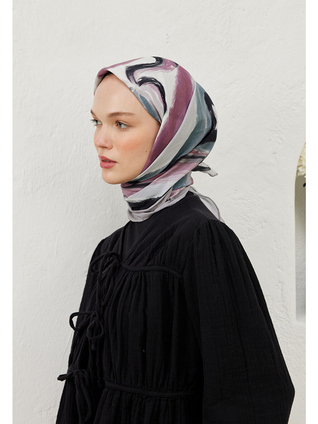 Lila Colour Waves Desen Pamuk Vual Eşarp Lavanta-2