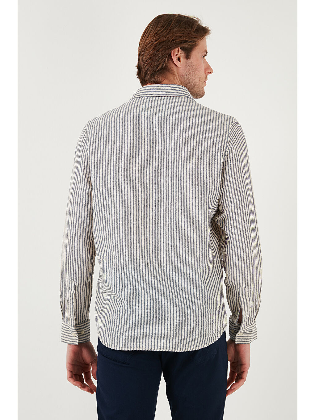 Lacivert Çizgili Regular Fit Pamuklu Uzun Kollu Erkek %100 Pamuk Gömlek CF25S129721-6
