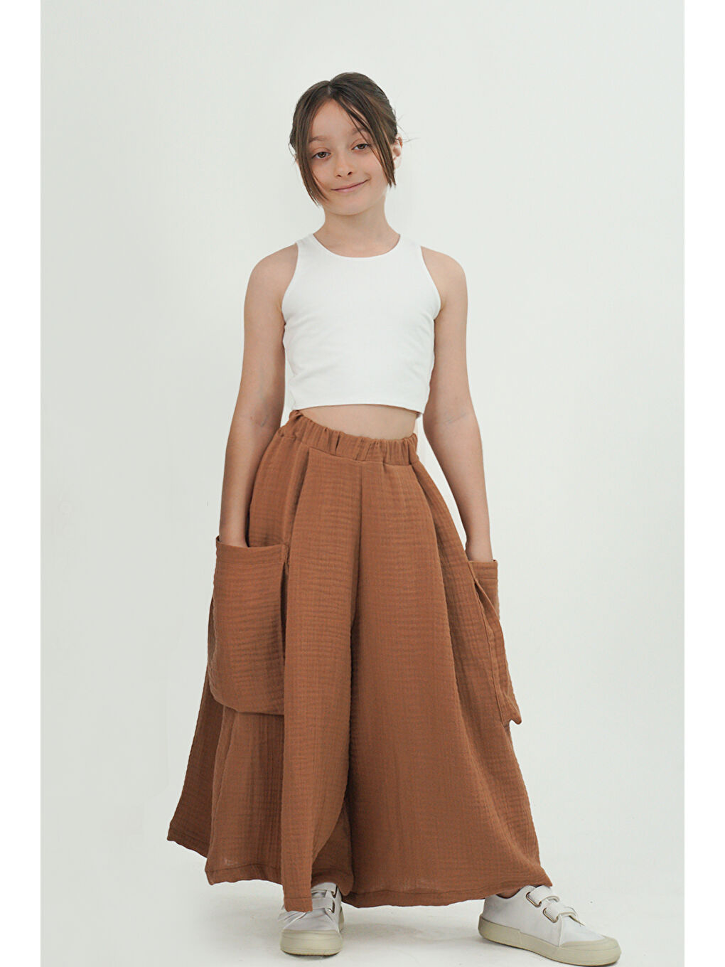 Kahverengi Kız Çocuk Cali Kahve Müslin Pantolon Etek