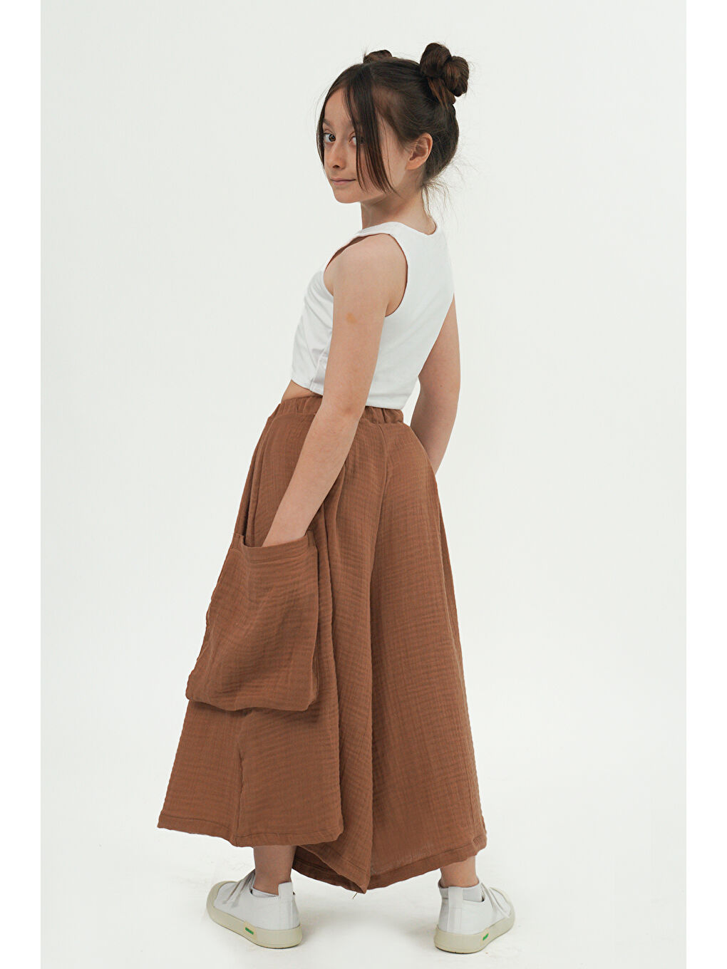 Kahverengi Kız Çocuk Cali Kahve Müslin Pantolon Etek-1