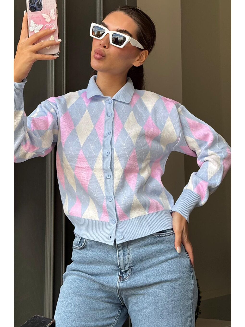 Mavi Baklava Desenli Polo Yaka Kadın Hırka Mg2478-1