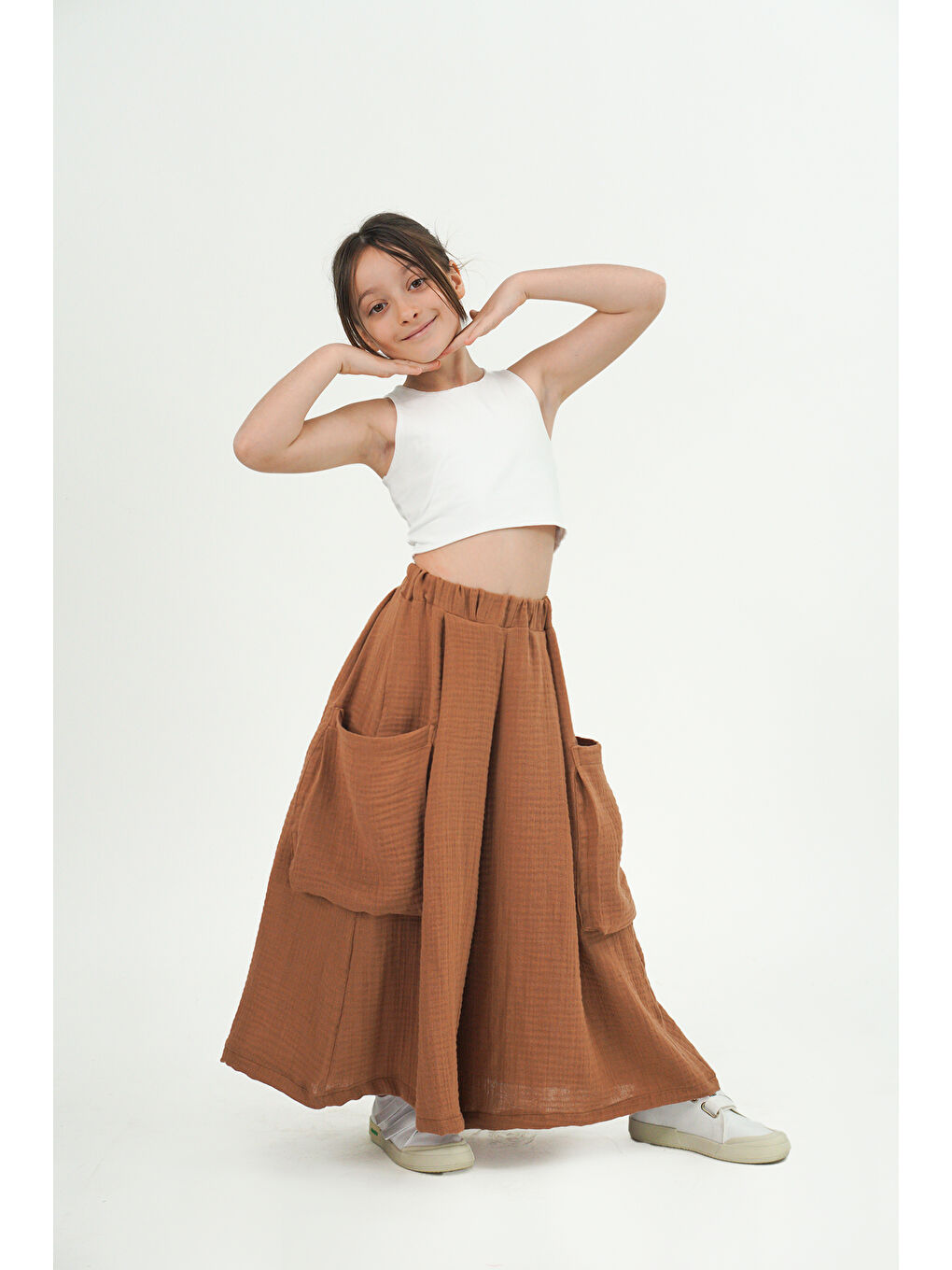 Kahverengi Kız Çocuk Cali Kahve Müslin Pantolon Etek-2