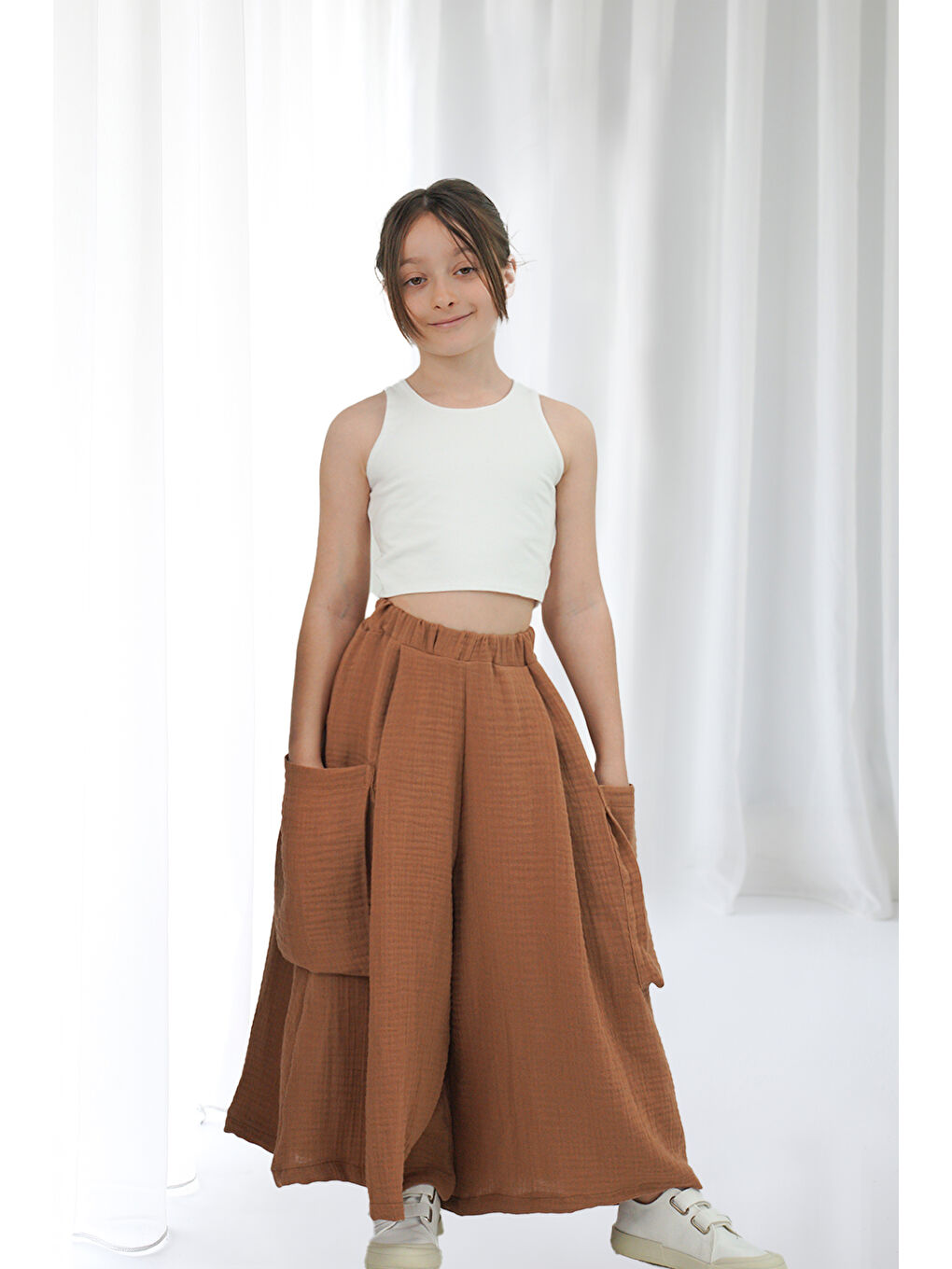 Kahverengi Kız Çocuk Cali Kahve Müslin Pantolon Etek-3