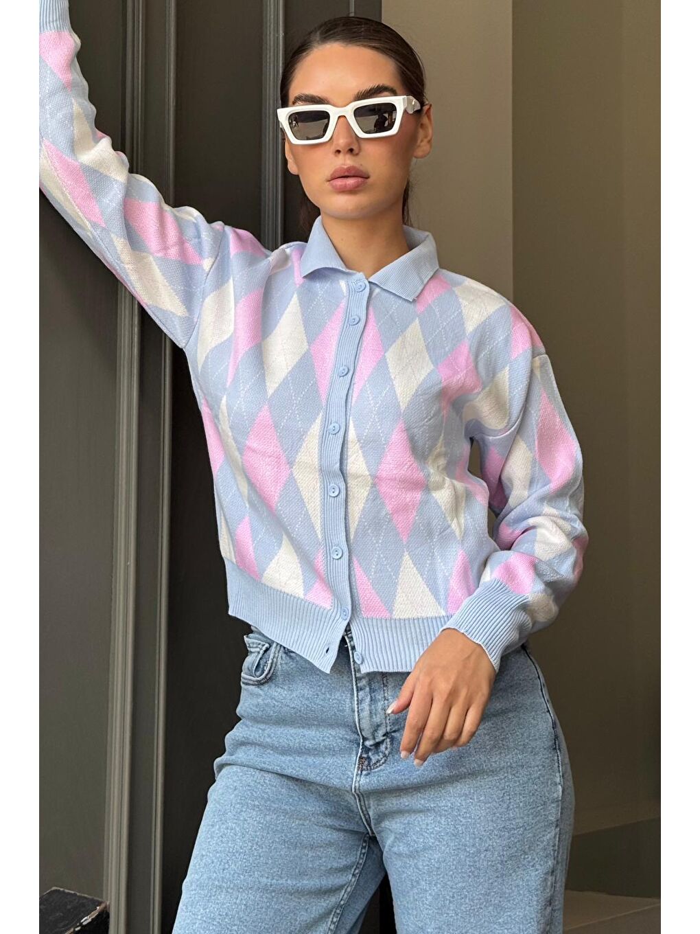 Mavi Baklava Desenli Polo Yaka Kadın Hırka Mg2478-2