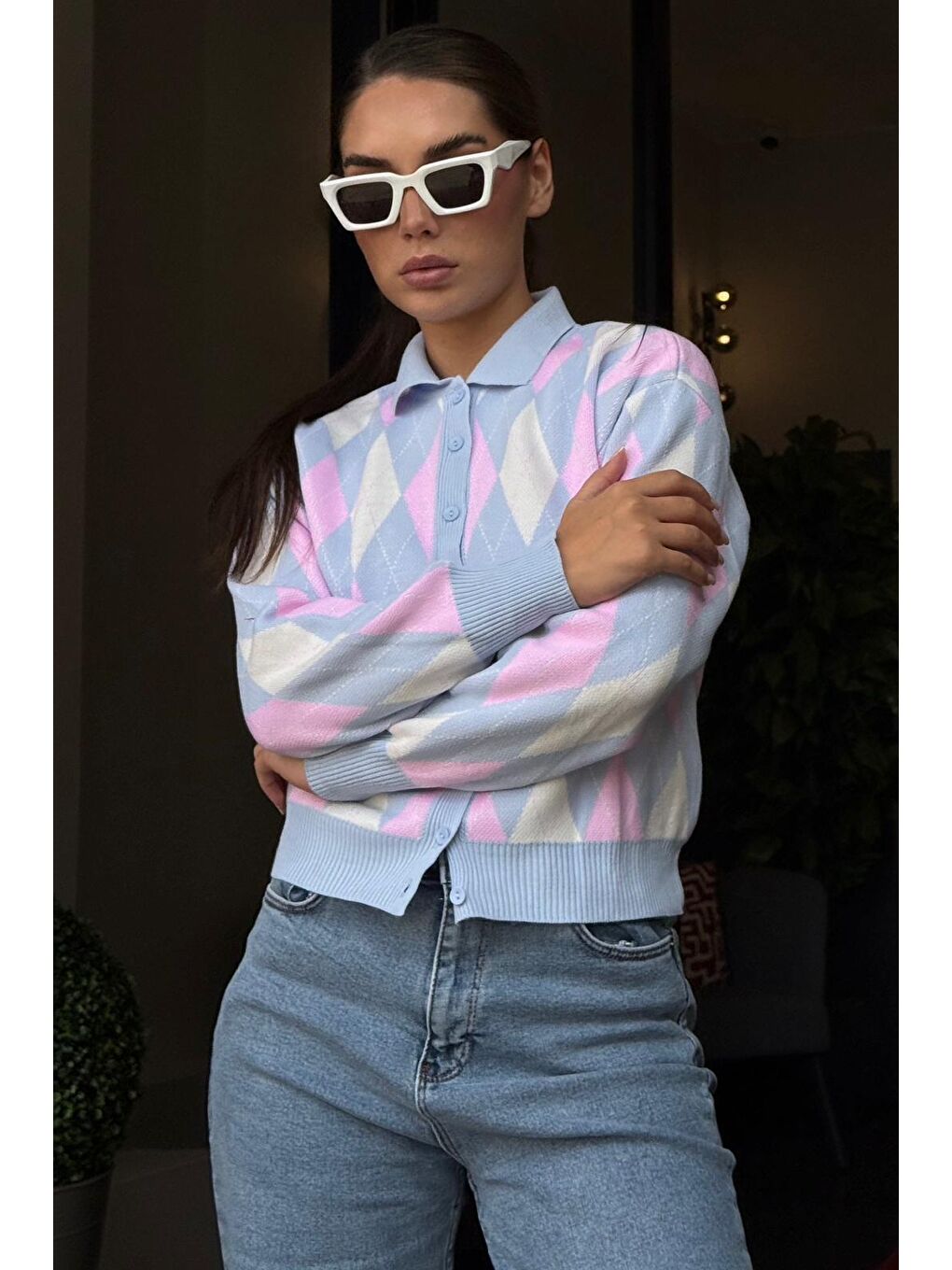 Mavi Baklava Desenli Polo Yaka Kadın Hırka Mg2478-3