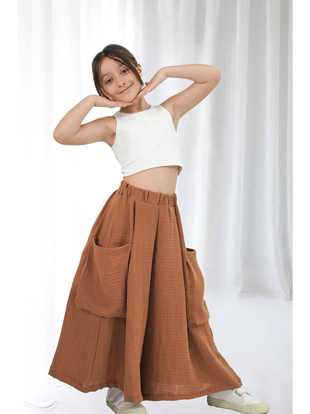 Kahverengi Kız Çocuk Cali Kahve Müslin Pantolon Etek-4