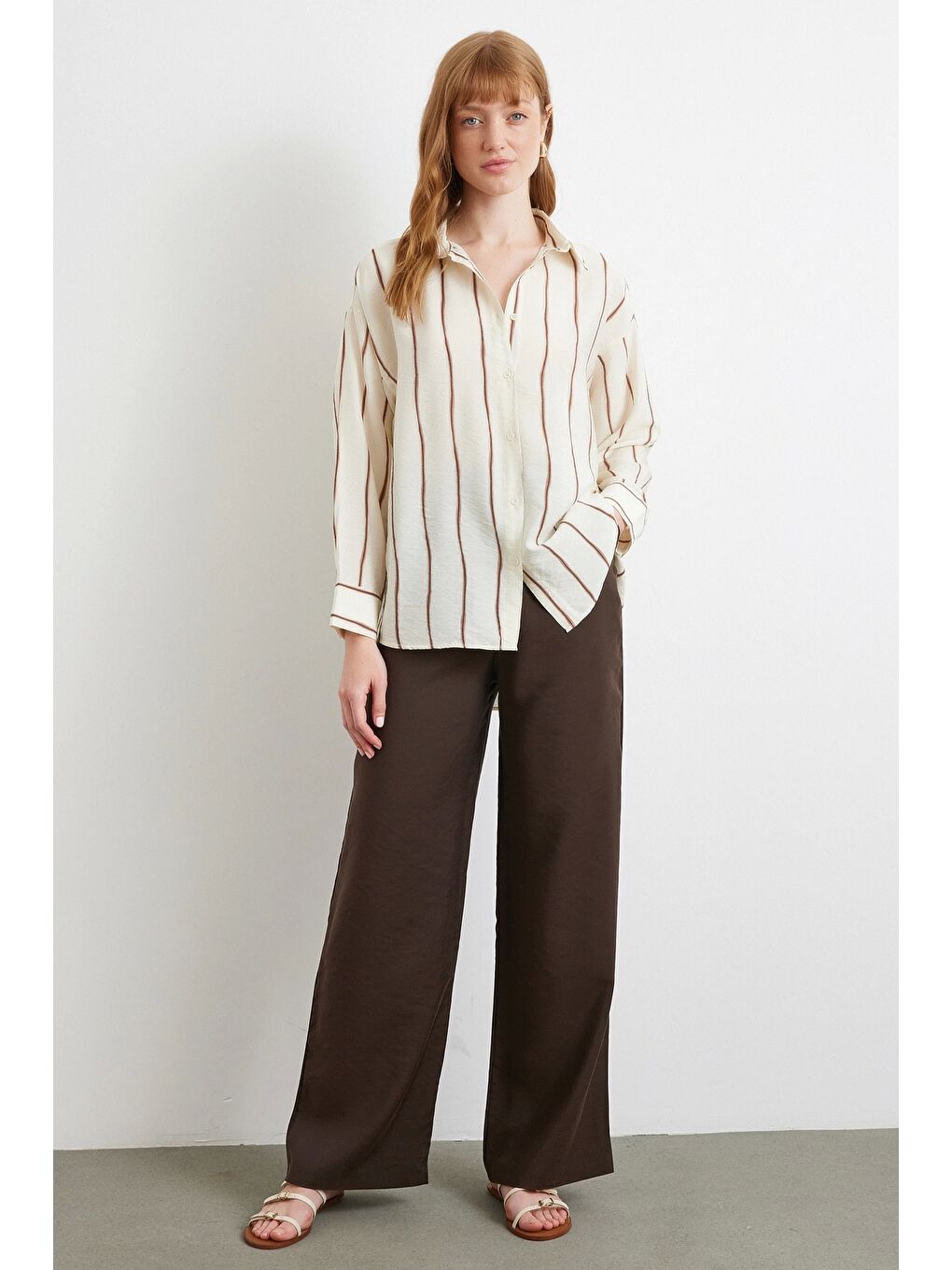 Karışık Çizgili Modal Gömlek Kahve-1