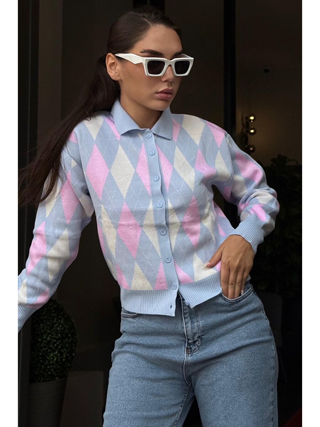 Mavi Baklava Desenli Polo Yaka Kadın Hırka Mg2478-4