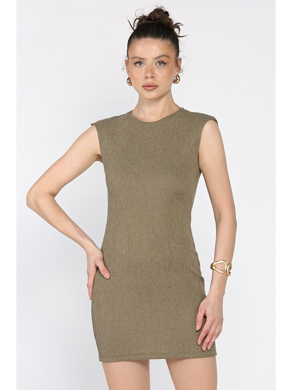 Haki Kadın Sıfır Kol Sırt Fermuarlı Pensli Elbise