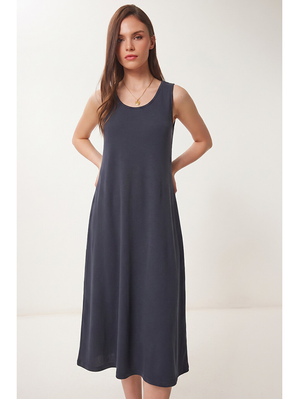 Gri Cepli Yazlık Örme Elbise FÜME LRN0032-3