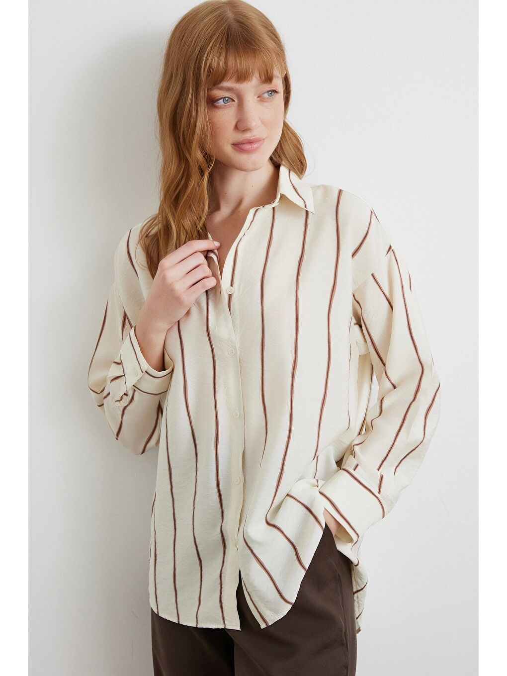 Karışık Çizgili Modal Gömlek Kahve-2