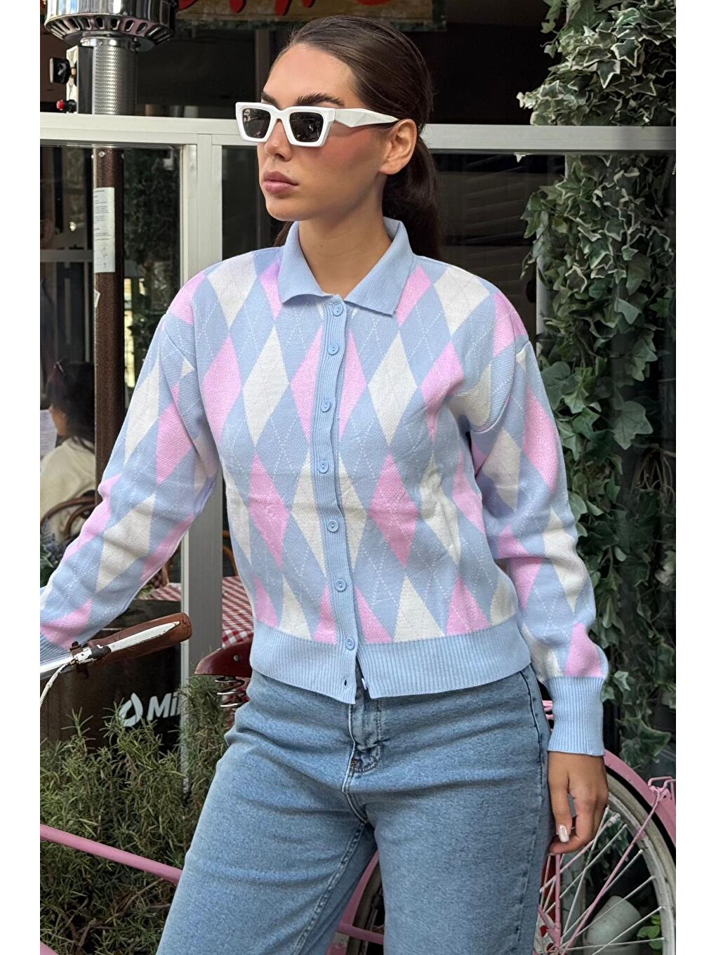 Mavi Baklava Desenli Polo Yaka Kadın Hırka Mg2478-5