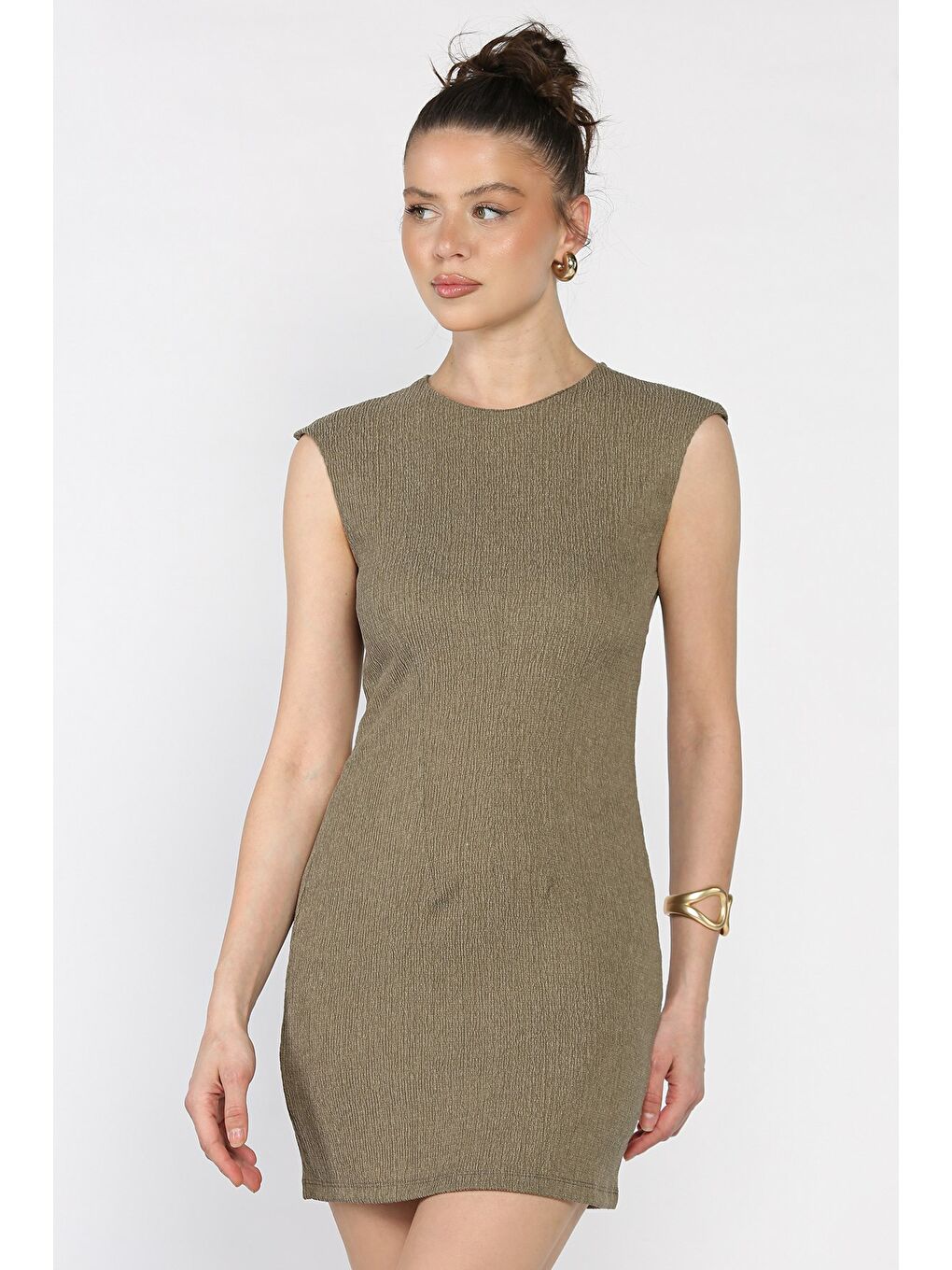 Haki Kadın Sıfır Kol Sırt Fermuarlı Pensli Elbise-1