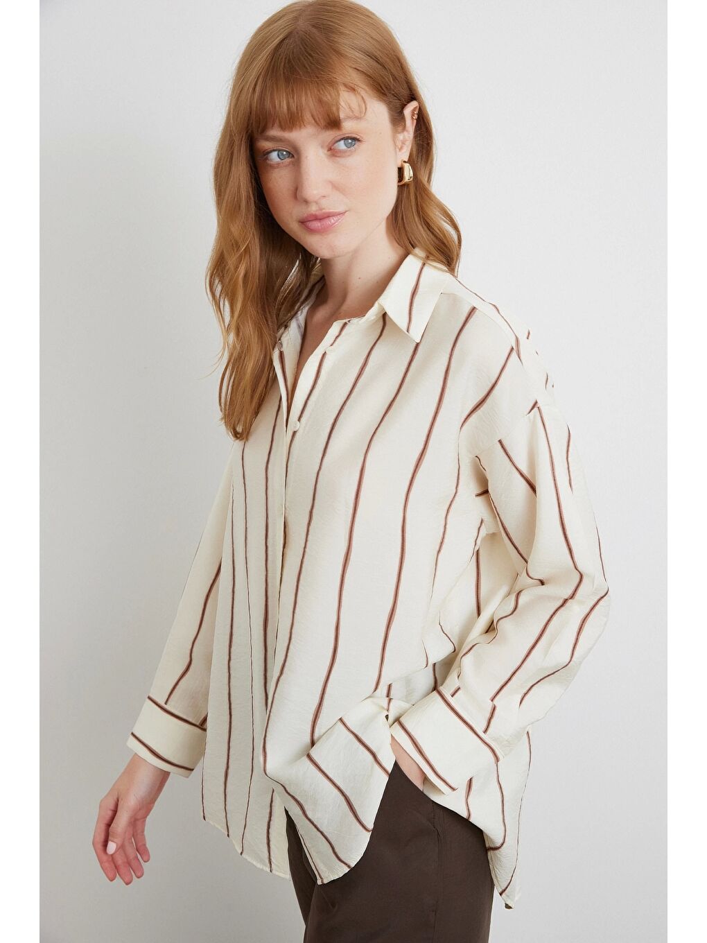 Karışık Çizgili Modal Gömlek Kahve-3