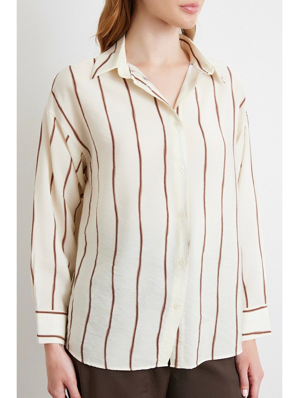 Karışık Çizgili Modal Gömlek Kahve-4