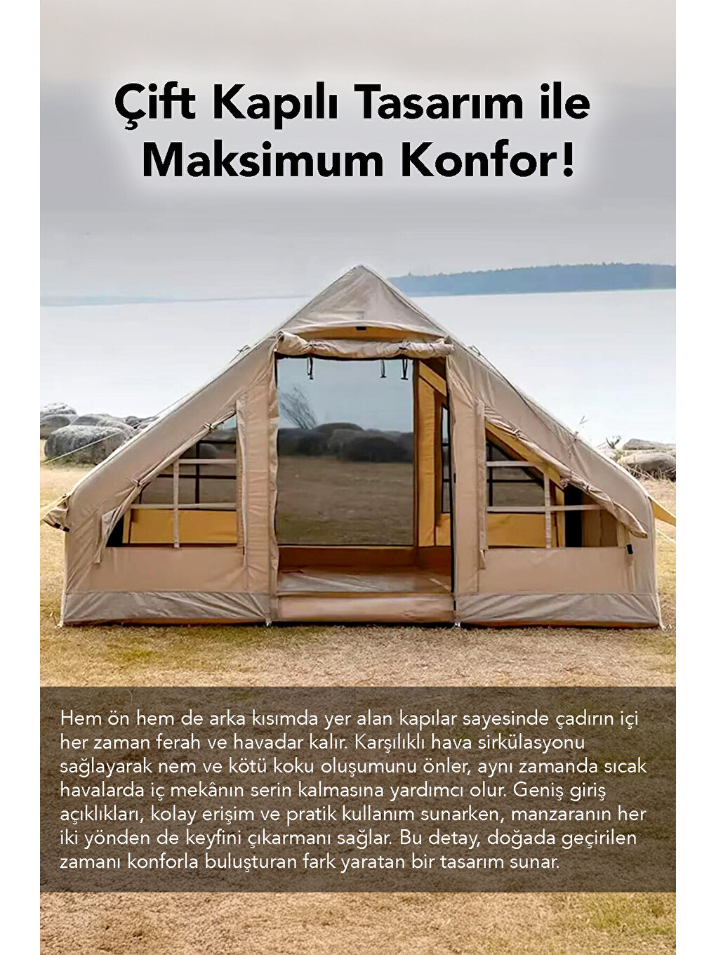 Bej Çift Kapılı 6 Kişilik Kamp Çadırı - 4 Mevsim Su Geçirmez Şişme Kamp Çadırı 300x210 cm-2