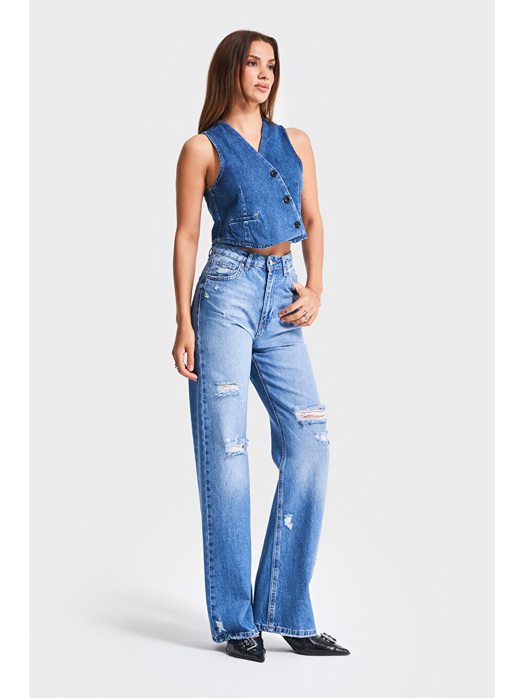 Kadın Mavi Renk 10s5-4 Straight Fit Yırtık Lazer Detaylı %100 Pamuk Yüksek Bel Denim Jean-1