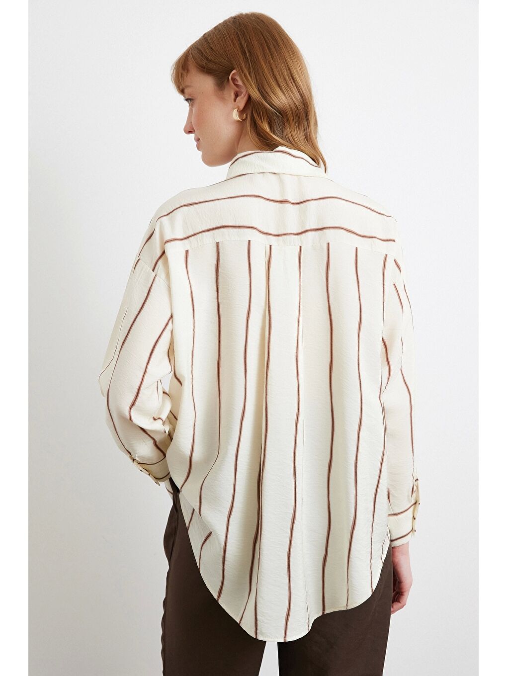 Karışık Çizgili Modal Gömlek Kahve-5