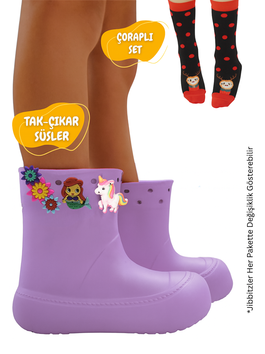 Lila Kız Çocuk Yağmur Botu & Çorap Set