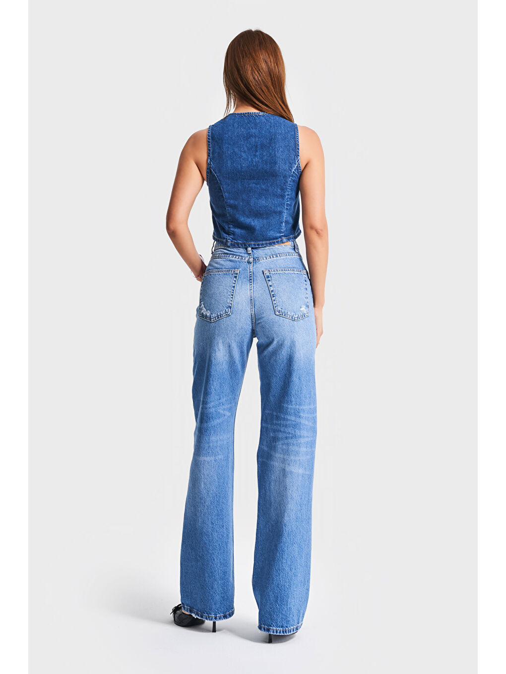 Kadın Mavi Renk 10s5-4 Straight Fit Yırtık Lazer Detaylı %100 Pamuk Yüksek Bel Denim Jean-2