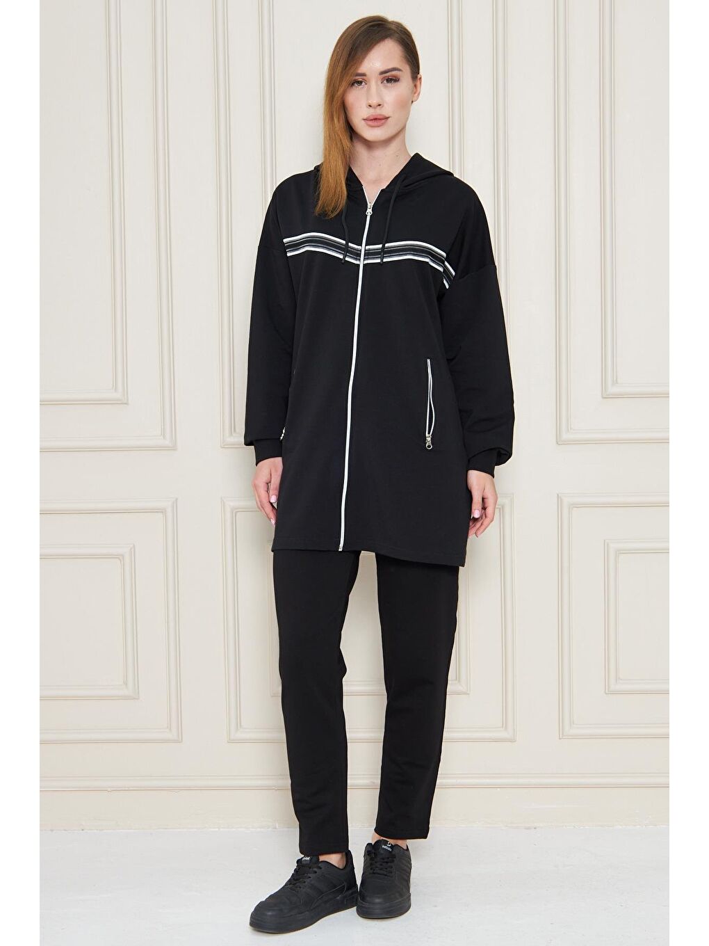 Kadın Pamuklu Tam Fermuarlı Kapüşonlu Uzun Tunik Eşofman Takımı Siyah 5556-S-1