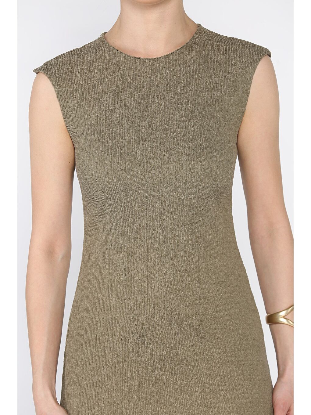 Haki Kadın Sıfır Kol Sırt Fermuarlı Pensli Elbise-3