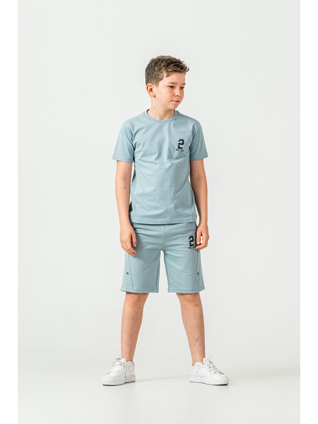 Petrol Üst Ön Baskılı Alt Çıtçıtlı Sol Bacak Baskılı Erkek Çocuk Şort - Tişört Takımı-1