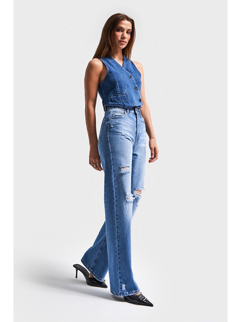 Kadın Mavi Renk 10s5-4 Straight Fit Yırtık Lazer Detaylı %100 Pamuk Yüksek Bel Denim Jean-3