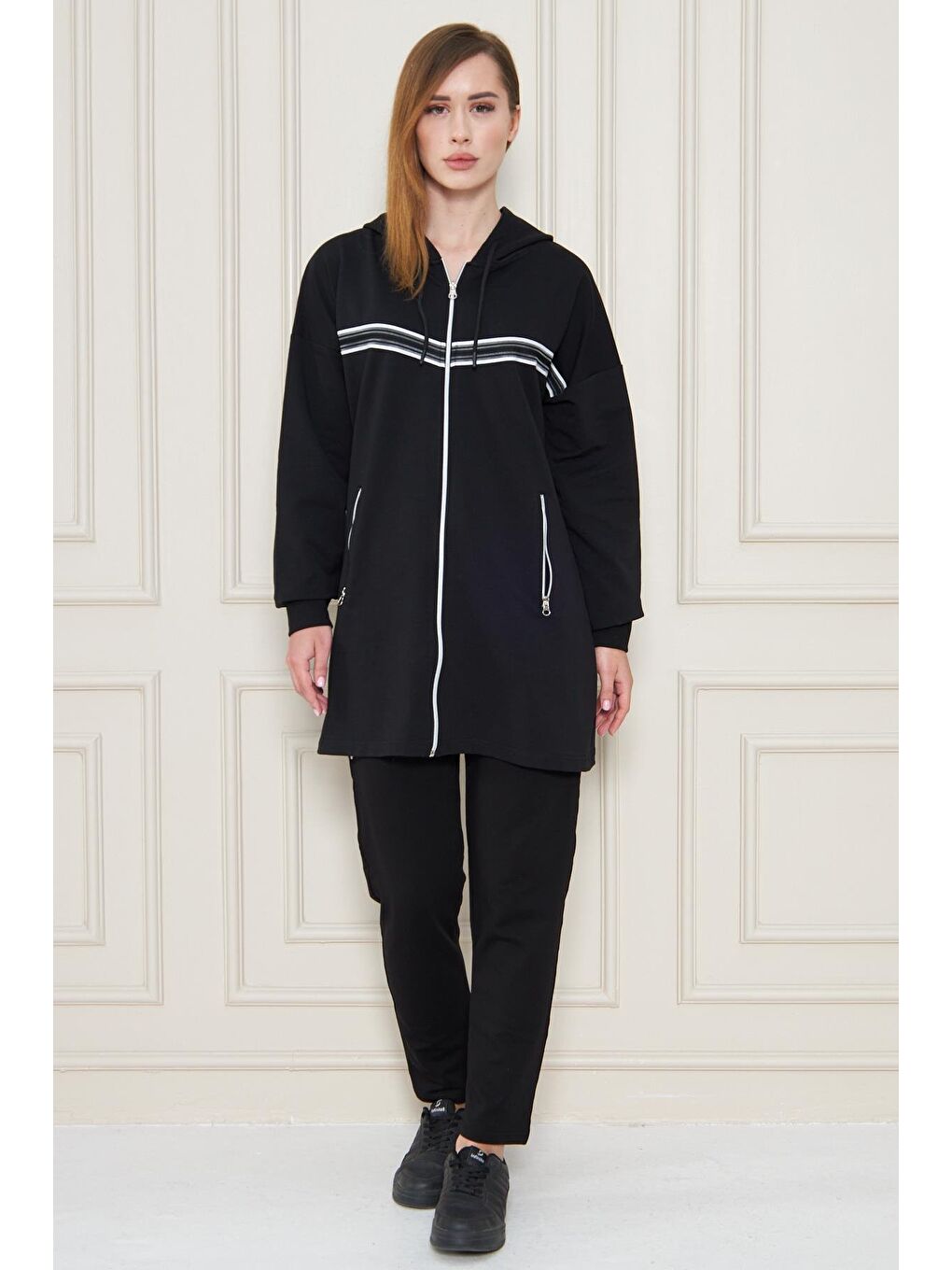 Kadın Pamuklu Tam Fermuarlı Kapüşonlu Uzun Tunik Eşofman Takımı Siyah 5556-S-2