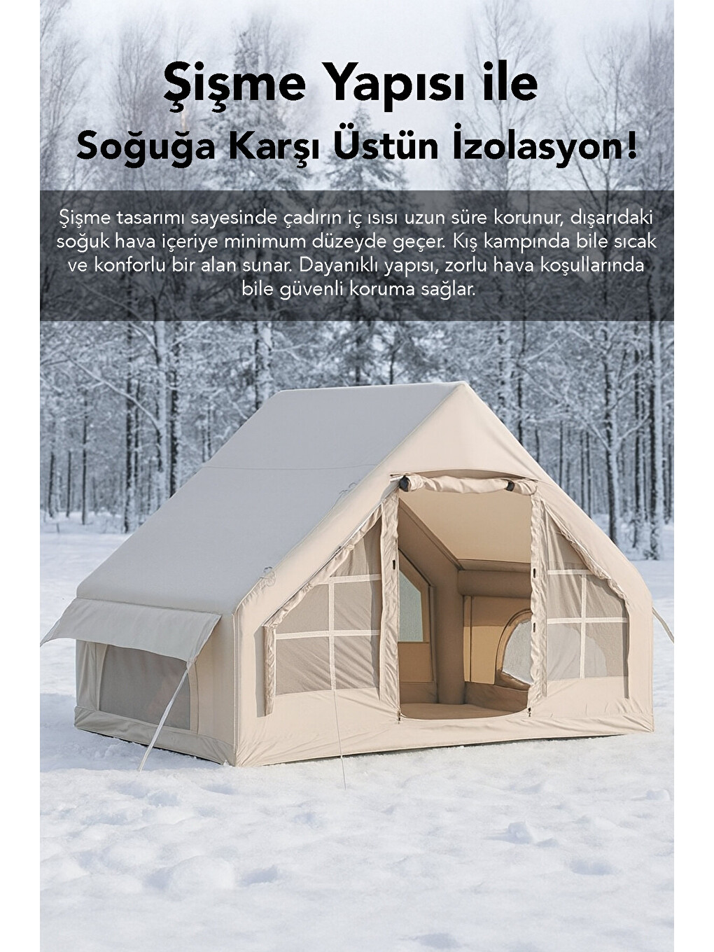Bej Çift Kapılı 6 Kişilik Kamp Çadırı - 4 Mevsim Su Geçirmez Şişme Kamp Çadırı 300x210 cm-3