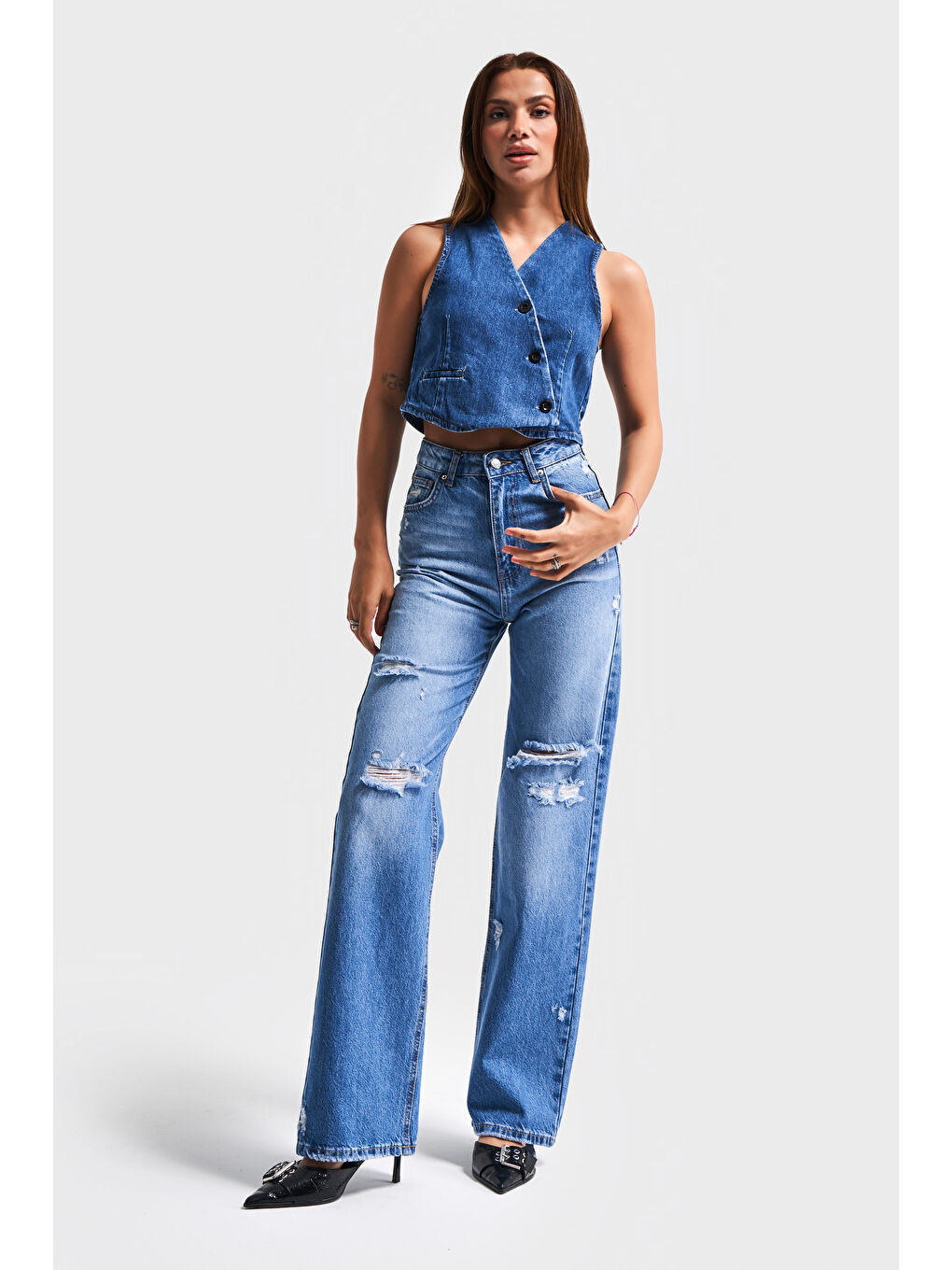 Kadın Mavi Renk 10s5-4 Straight Fit Yırtık Lazer Detaylı %100 Pamuk Yüksek Bel Denim Jean-4