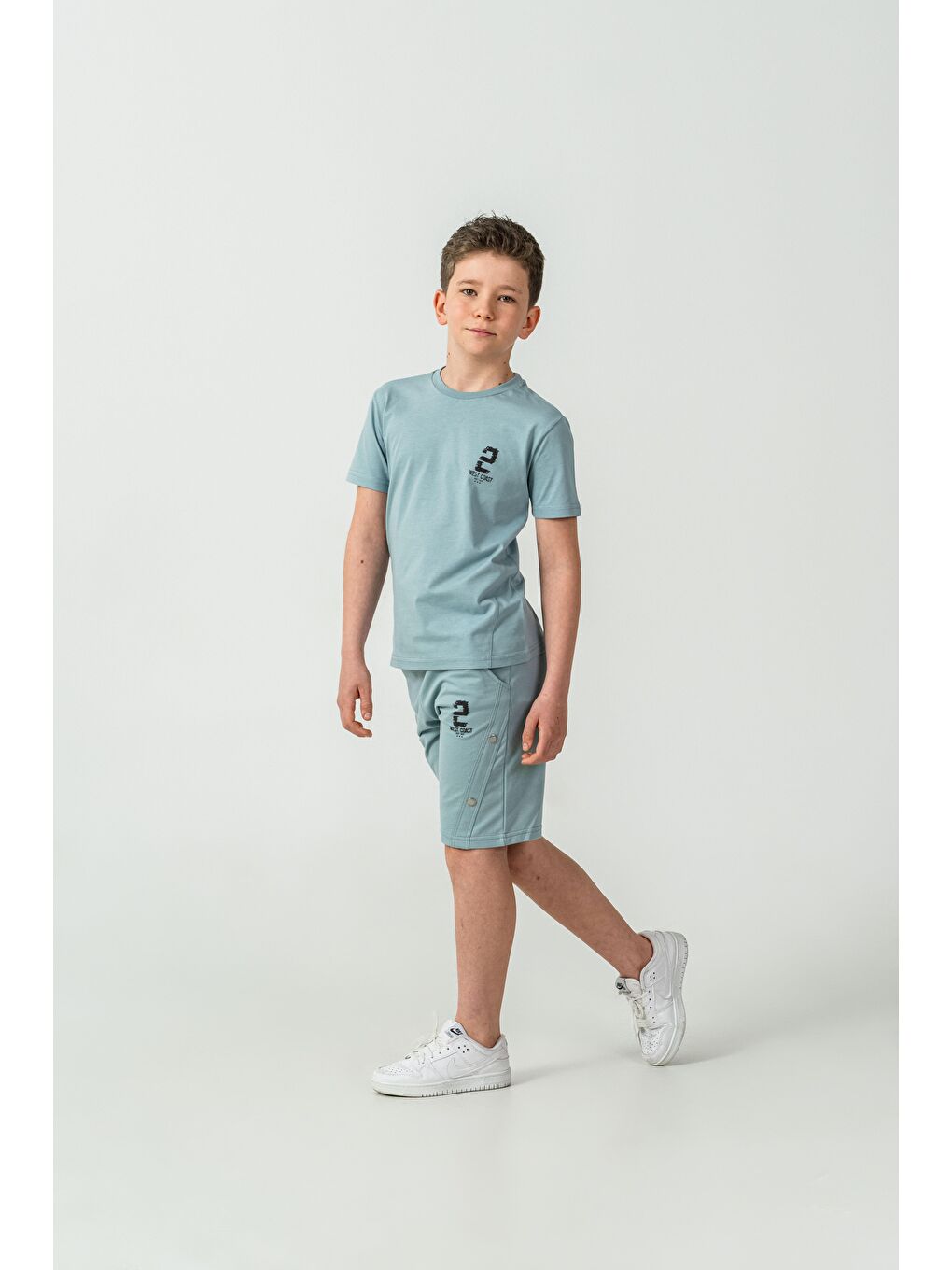 Petrol Üst Ön Baskılı Alt Çıtçıtlı Sol Bacak Baskılı Erkek Çocuk Şort - Tişört Takımı-3