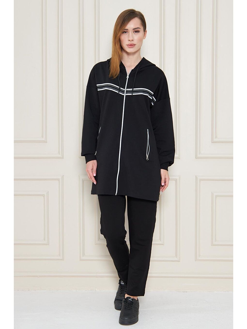Kadın Pamuklu Tam Fermuarlı Kapüşonlu Uzun Tunik Eşofman Takımı Siyah 5556-S-3