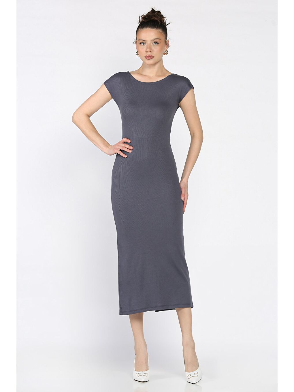 Gri Kadın Arka Yırtmaç Detaylı Fitilli Elbise